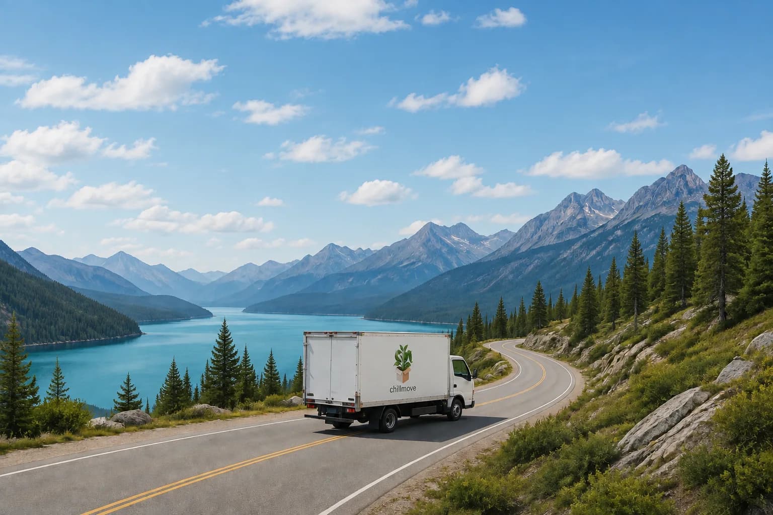 A moving truck on a quiet mountain road beside the water.
