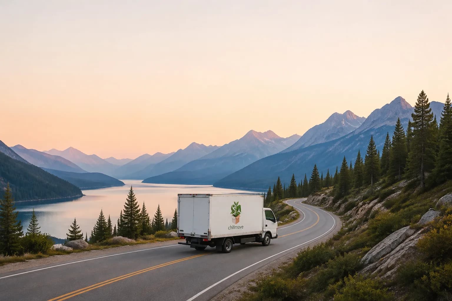 A chillmove moving truck following a winding road through a peaceful mountain landscape.